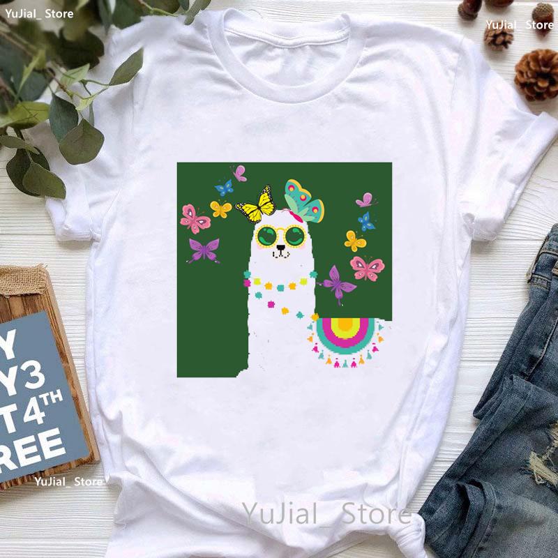 Kawaii Alpaca With Flowers And Coffee Print T Shirt Girls Summer Short Sleeve Tshirt Femme Fashion Tops Tee Shirt Female