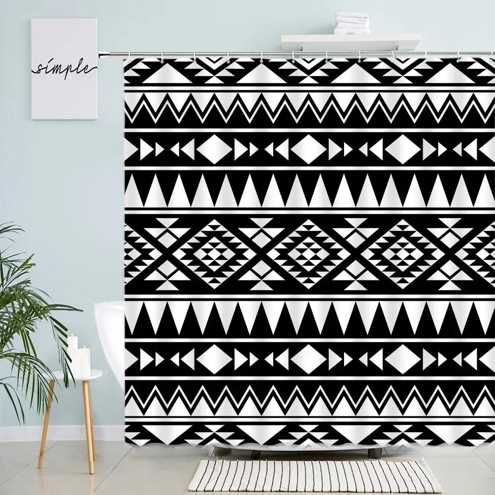 Creative Geometric Shower Curtains Retro Ethnic Style Design Pattern Print Modern Nordic Boho Bathroom Decor Bath Curtain Hooks