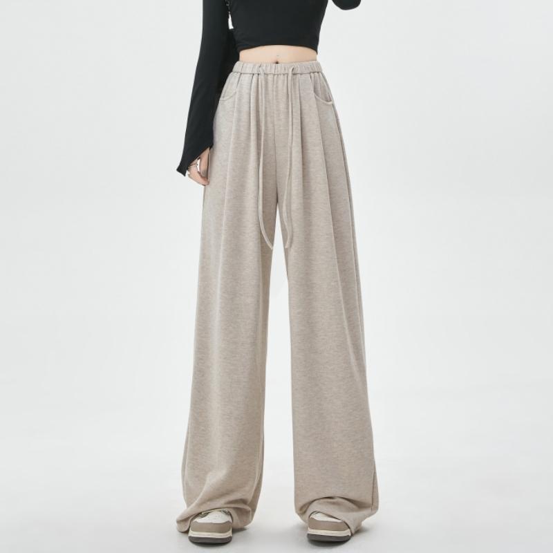 Nova Moda Sólida Casual Calças de Perna Larga para Mulheres Elegante Solta Reta Cintura Alta Calças Femininas Bolsos Cordão Calças Esportivas Femininas 25710