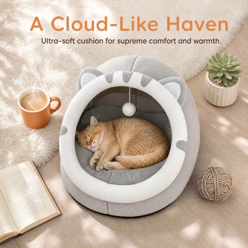 Cartoon Cat Ear Closed Cat Bed Soft Fluffy Warm Pet Nest Dog Mat with Hanging Toy Washable Cat House for Cats & Small Dogs