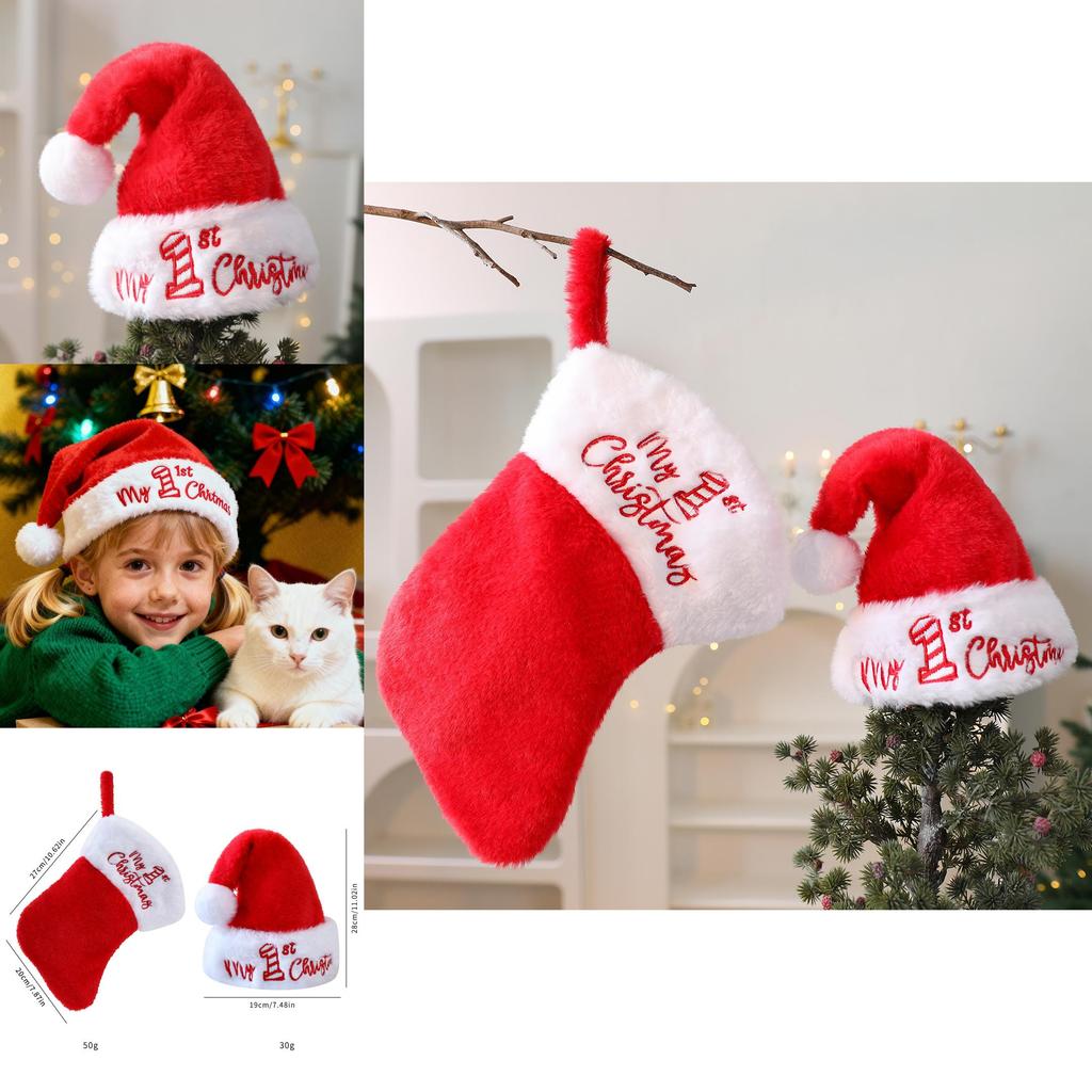 Holiday Christmas Plush Sock And Hat Set For Christmas Tree Ornaments And Gifts