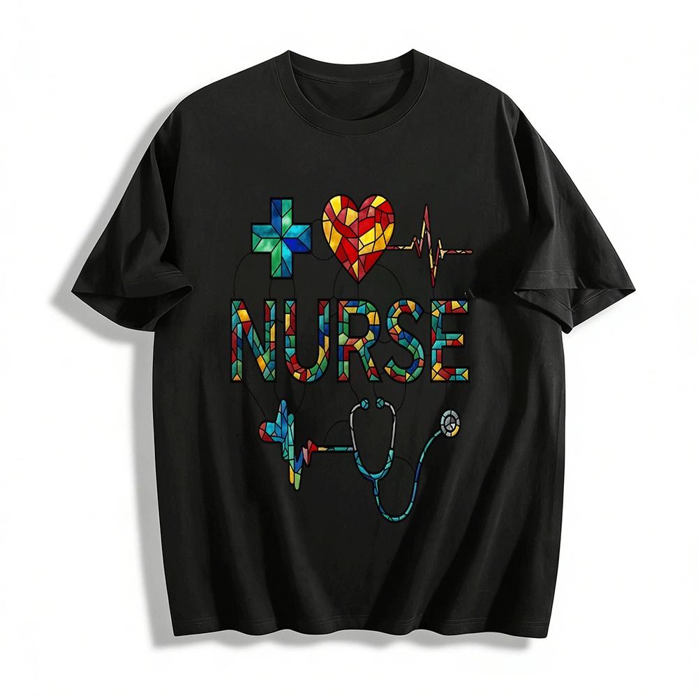 Stained Glass Style Nurse Themed Print Casual Top Pure cotton T-shirt XXS