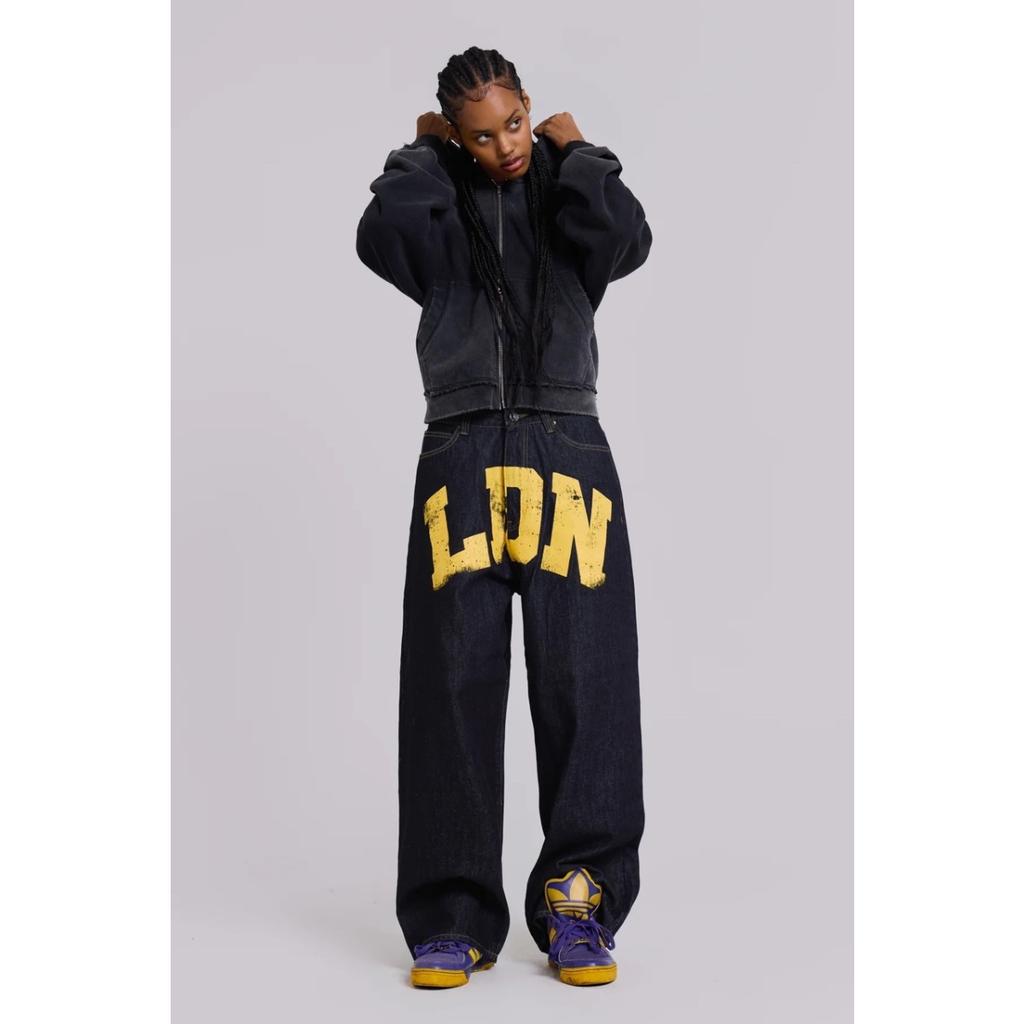 Jeans im amerikanischen Stil mit Buchstabendruck, Trendige gerade geschnittene lockere Marke Denim-Hose