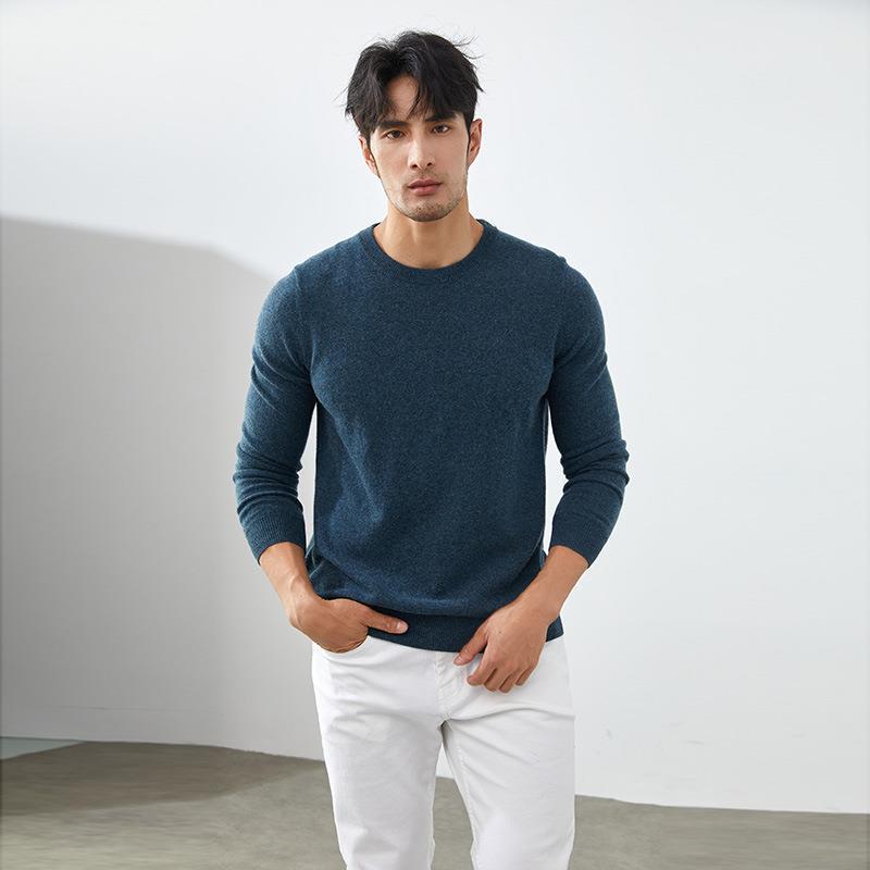 Men's 100% Cashmere Crew Neck Sweater - British Style Slim Fit for Autumn/Winter