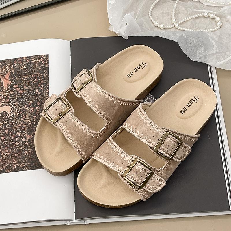 

Women wear half slippers 2025 spring new Korean version of Internet celebrity belt buckle beach open-toed leather flat bottom one-word 40 бежевий