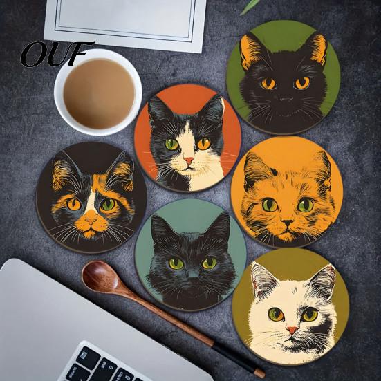 Kitchen Table Accessories Wooden Cat Coasters, Decorative Heat Resistant Mats, Non-slip Cup Cute Coasters for Office Insulation Hot Drinks And