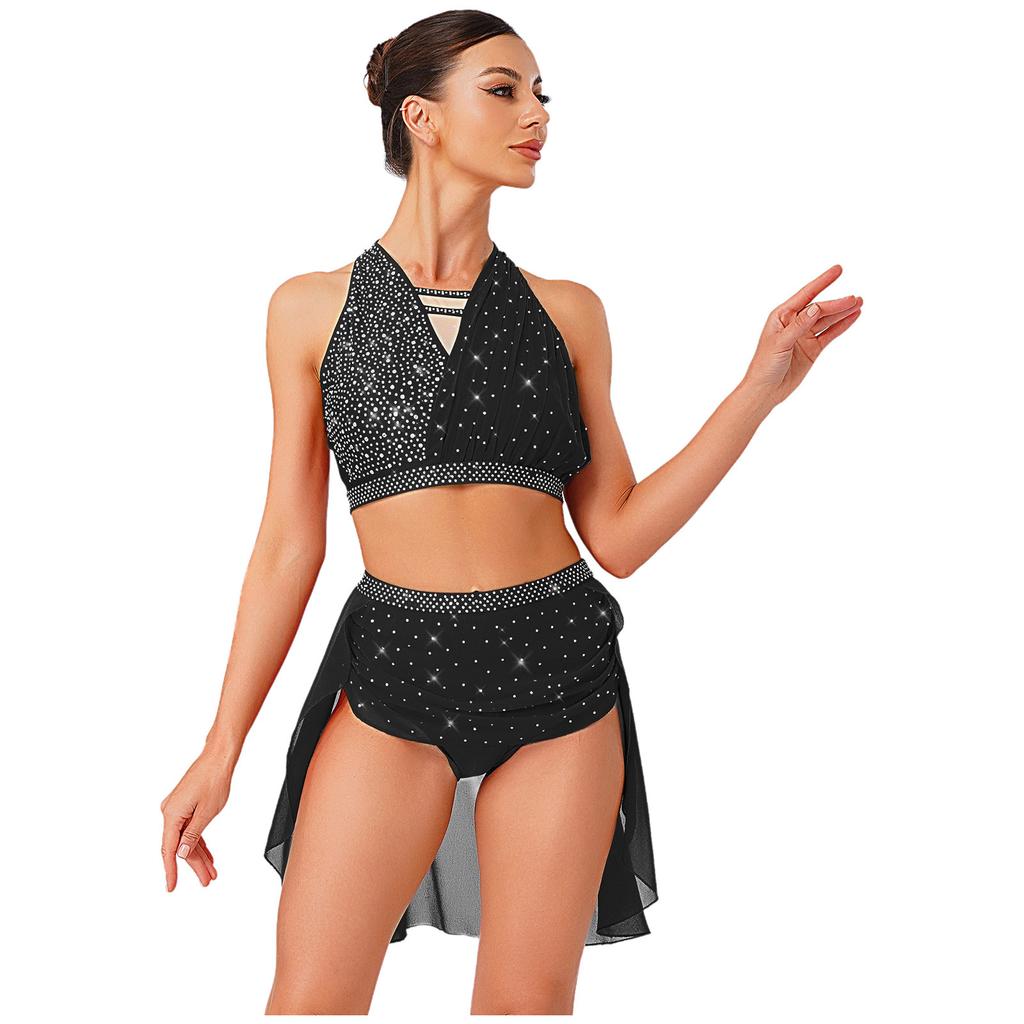 S-XXL Women's Dancewear Set: Sleeveless Halter Ruched Crop Top & Sparkly Rhinestone Irregular Hem Skirt with Built-in Briefs for Lyrical Performance