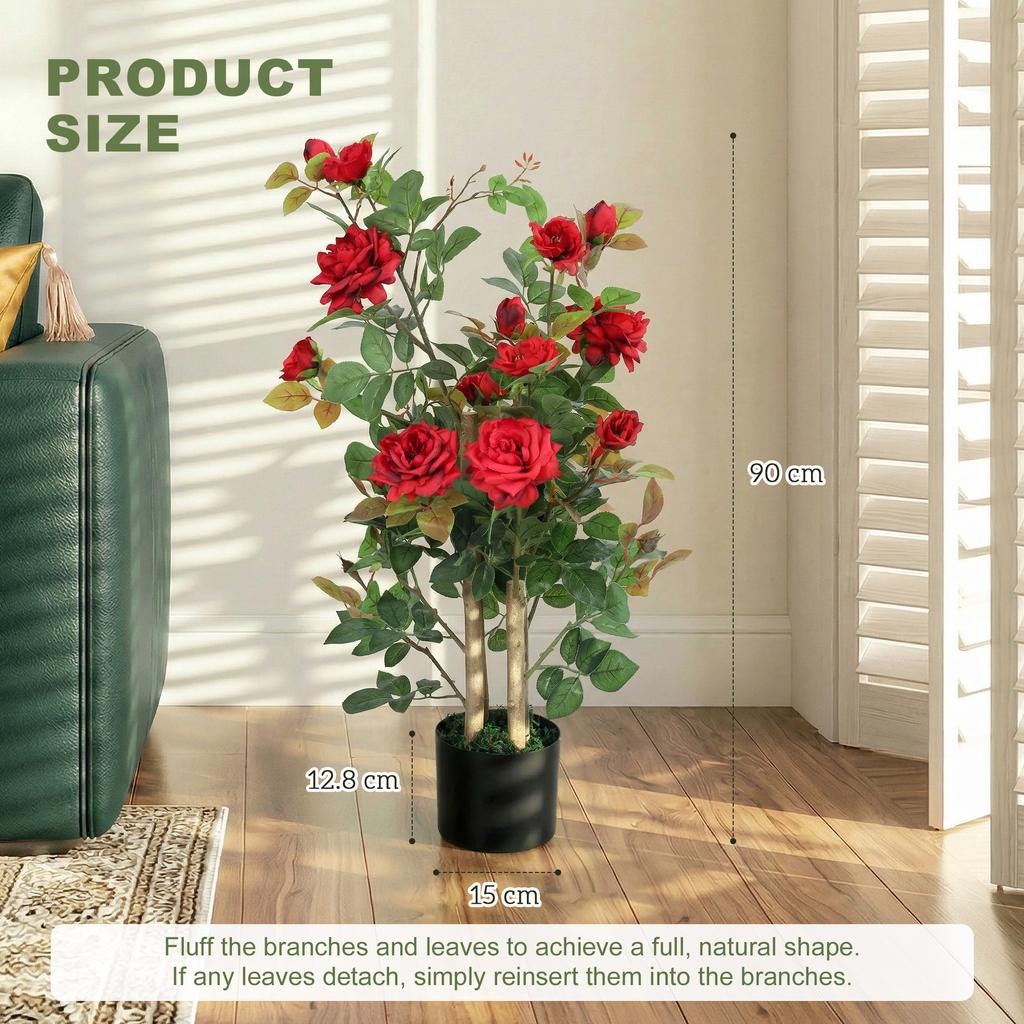 90cm Artificial Rose Tree Decorative Fake Plant With 344 Silk Leaves 17 Flowers For Outdoor Indoor Decor Red