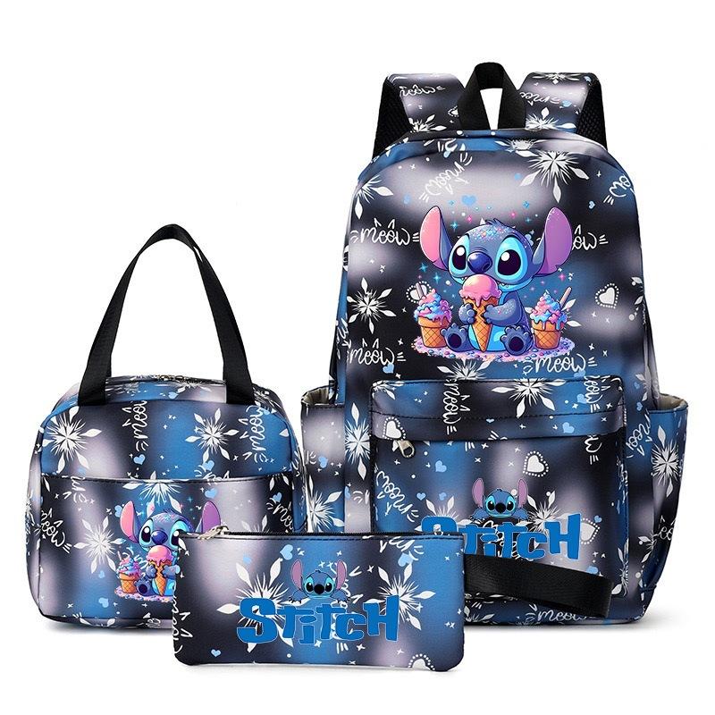 Stitch 3-teiliges Rucksack-Set für Jungen und Mädchen, Rucksack mit Campus-Cartoon-Print, Große Kapazität für Outdoor-Reisen
