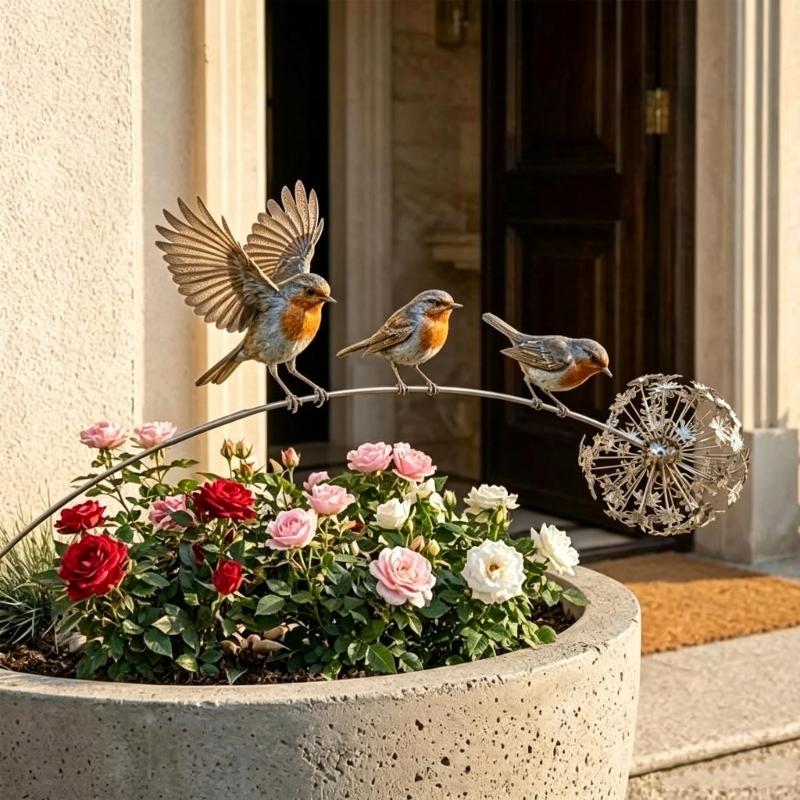 Three Bird Garden Stake Metal Yard Piece with Curved Branch Detail and 24 Inch Soil Insert for Pot Groupings, Lawn Lines and Garden Rows