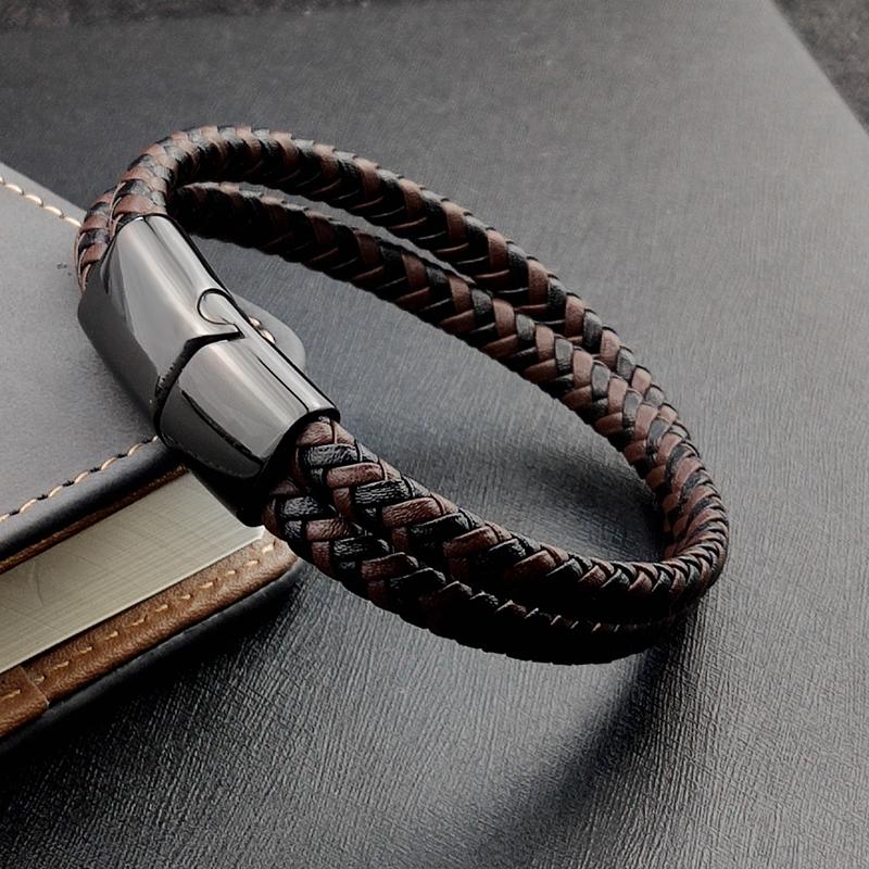Titanium Steel Bracelet Double Layer Brown Black Leather Braided Rope Man High Quality Stainless Steel Magnetic For Women Gift