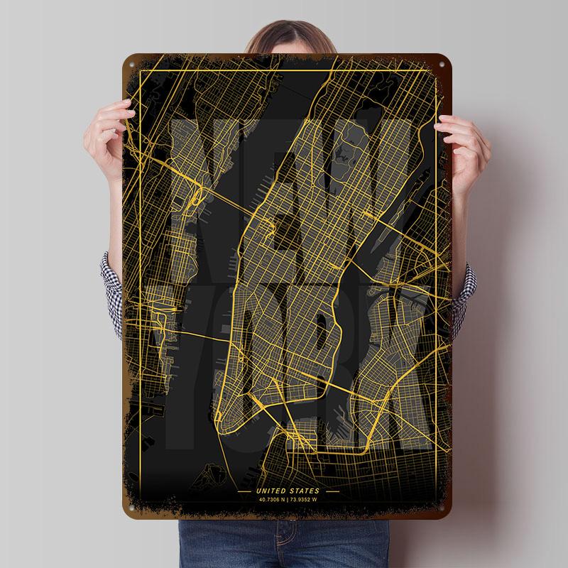 New York City Map Poster Customized Vintage Metal Signs Wall Art Retro Tin Plaque for Home Decor Living Room Decoration Bedroom