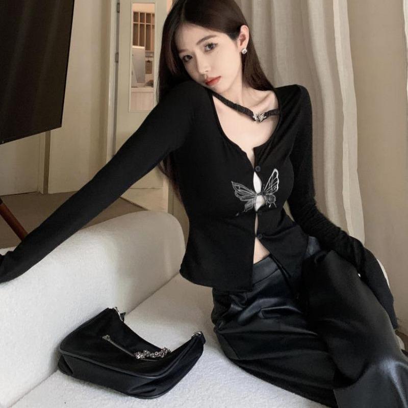 2KWEIRD Gothic Butterfly Print T-shirt Grunge Fairycore Hollow Out Crop Tops Japanese Harajuku Slim Tshirt Y2k Aesthetics Dark