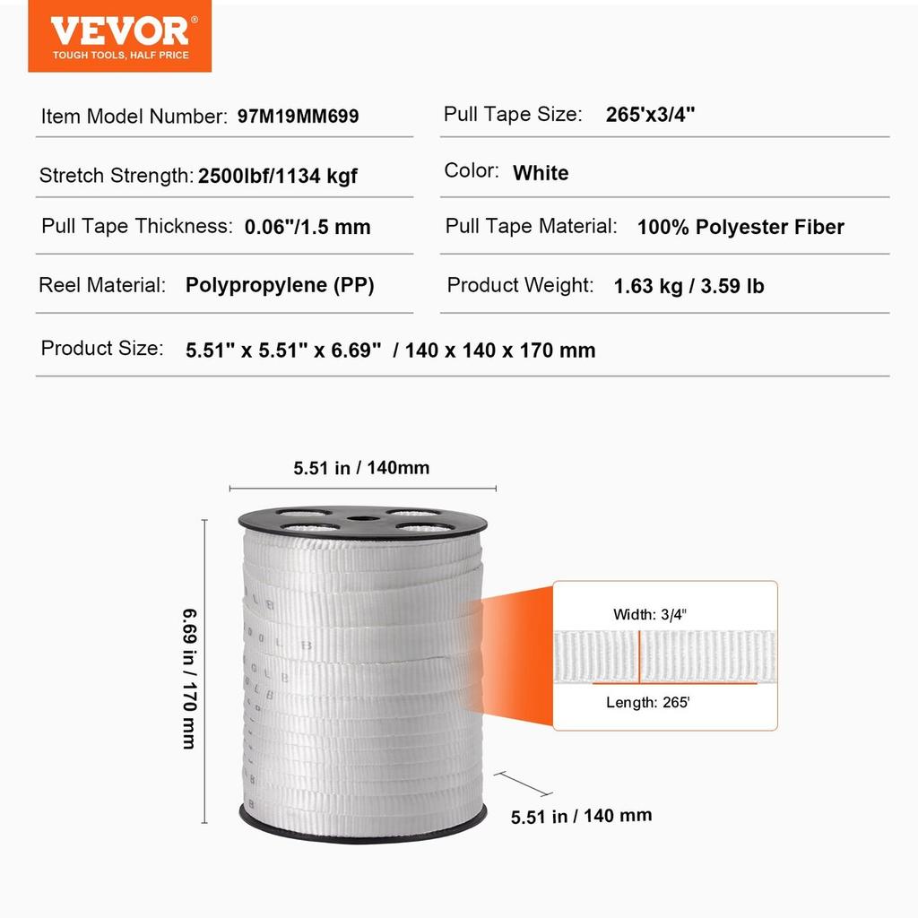 Polyester Pull Tape, 3/4" x 265' Mule Tape Flat Rope, 2500 lbf Tensile Capacity, Printed Webbing Cable Pulling Tape for Packaging, Gardening,