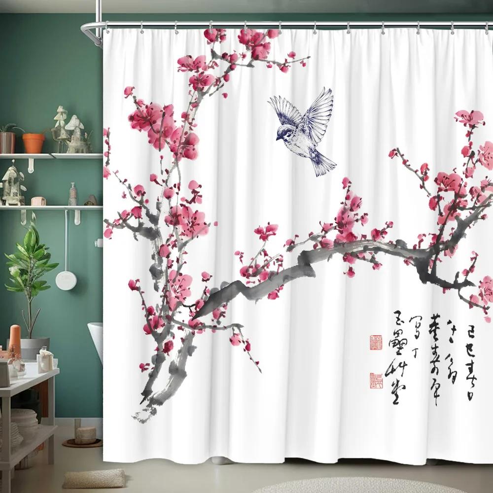 Asian Scenery Shower Curtain Koi Cherry Blossom Vintage Bird Lotus Mountain Ink Painting Polyester Fabric Bathroom Decor Curtain