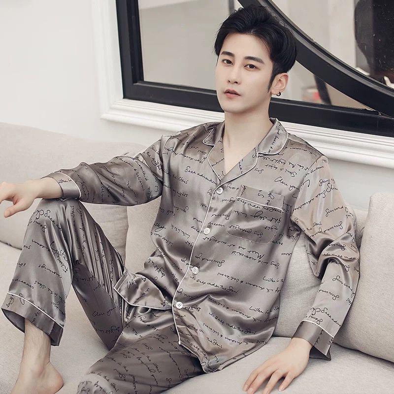 Men's Summer Ice Silk Pajama Set: Long Sleeve, Long Pants, Loose-Fit, Cooling Style.