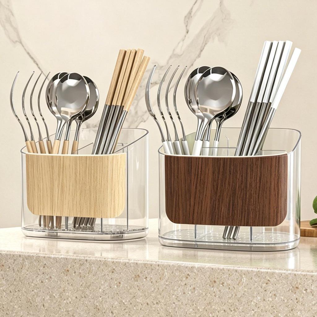 Bamboo Wood Grain Chopstick Holder with Draining Rack