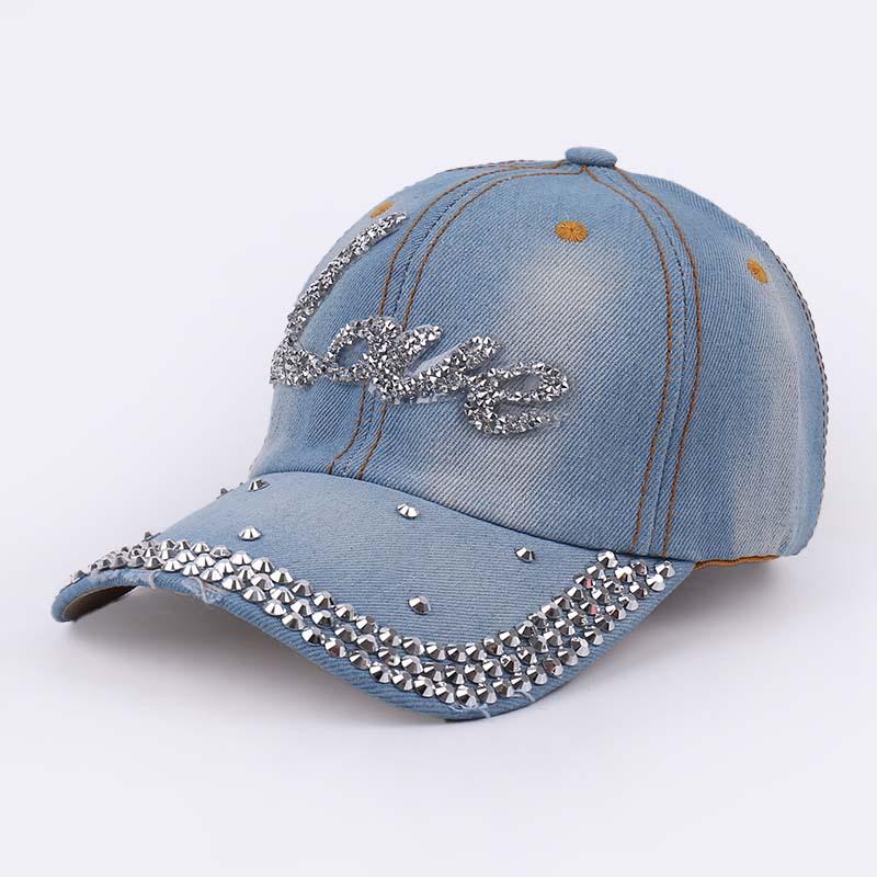 Damen Strass Denim Baseballkappe - Paris Schriftzug Sonnenhut