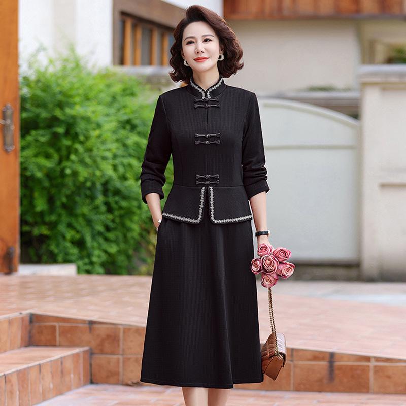 Stylish Two-Piece Faux Dress for Women - Mid-Age Spring/Autumn Design with Belly-Concealing Frog Button