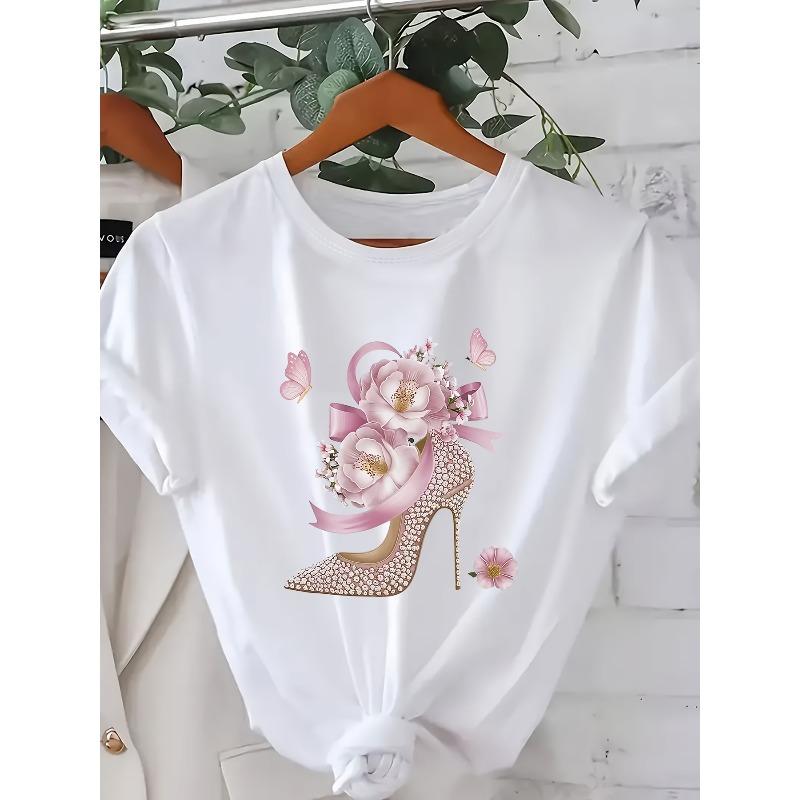 T-shirt alla moda da donna taglia europea con stampa floreale e tacco alto - Casual con scollo rotondo, Top Primavera/Estate/Autunno con Applicazione,