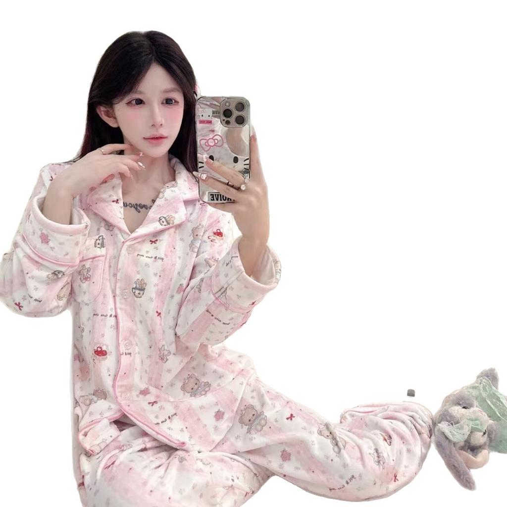 1011 new Korean cute pink bear pajamas women's autumn and winter new cartoon ins island velvet long-sleeved home