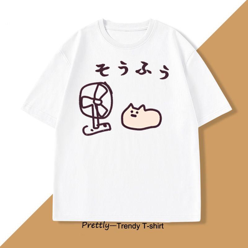 Cool Japanese Style Fan Cat T-shirt Men Women Funny Cotton Short Sleeve Tshirt Graphic T Shirts Summer Streetwear Pritned Tees