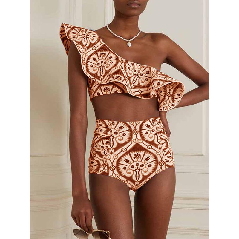 

Купальник бикини на одно плечо с оборками и принтом для женщин - Европейский и американский стиль 2X Large коричневый