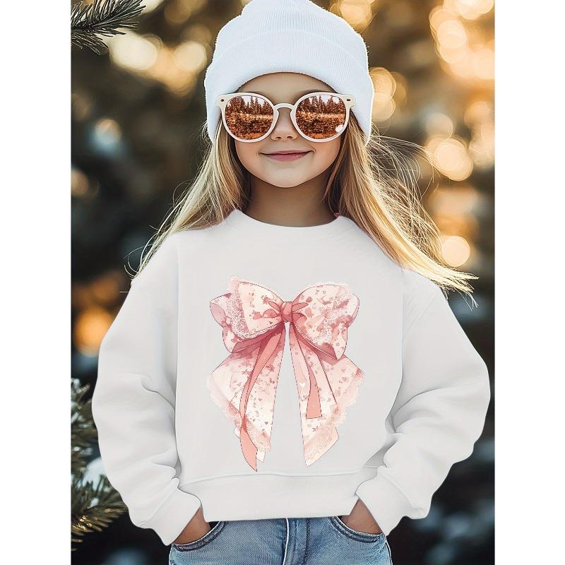 Kids Crewneck Long Sleeve Sweatshirt, Cute Bow Cartoon Print 110 белый