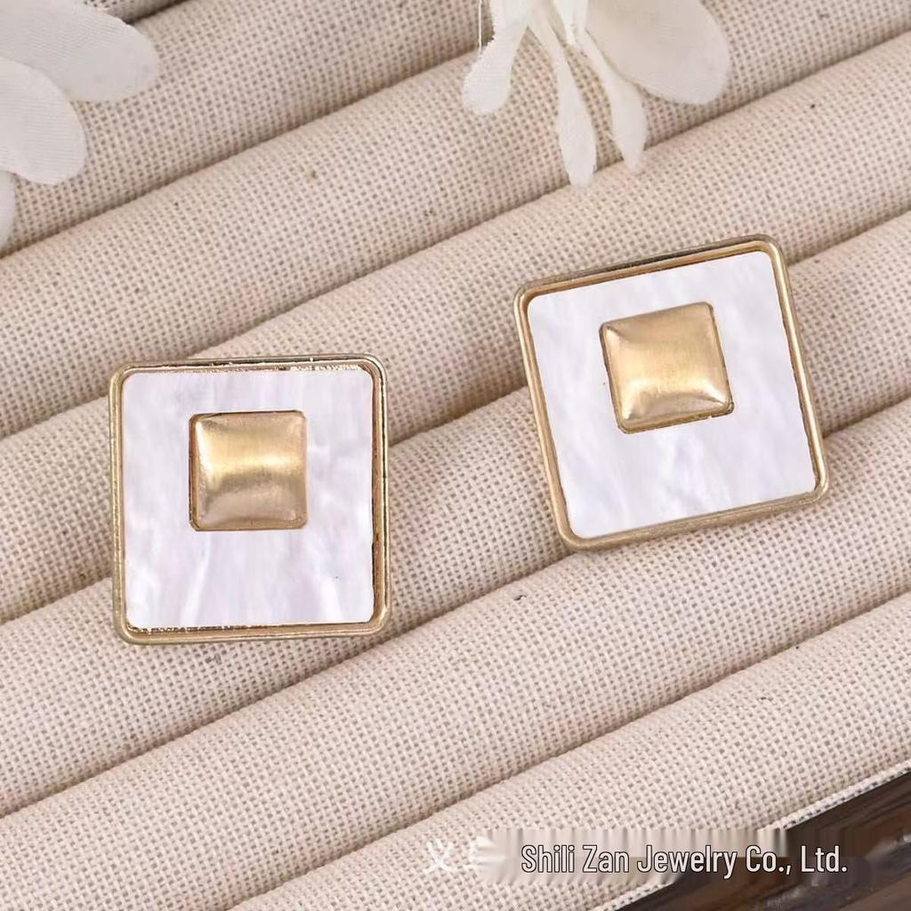 Special Offer: Matte Gold Square Mother-of-Pearl Stud Earrings - European & American Style, Versatile Geometric Design for Women