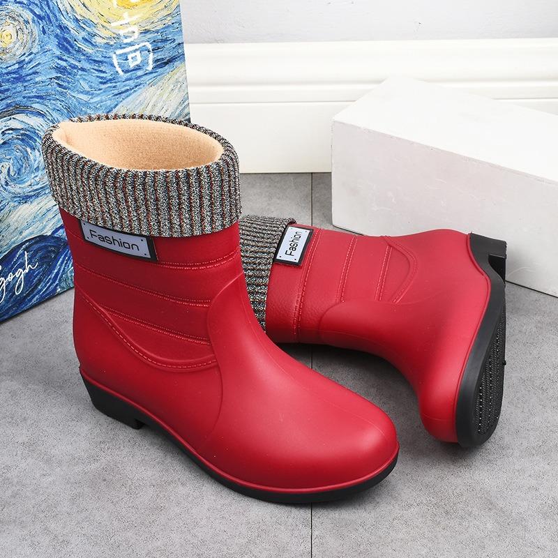 New fashion rain shoes women's medium tube warm rain boots non-slip water shoes work rubber shoes adult cotton water boots overshoes