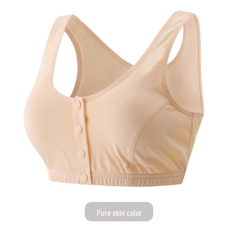 Zhangyan Pastoral Style Pure Cotton Bra: Large Cup, Front Buckle, Wide Back, Comfortable & Breathable for Middle-Aged and Elderly.
