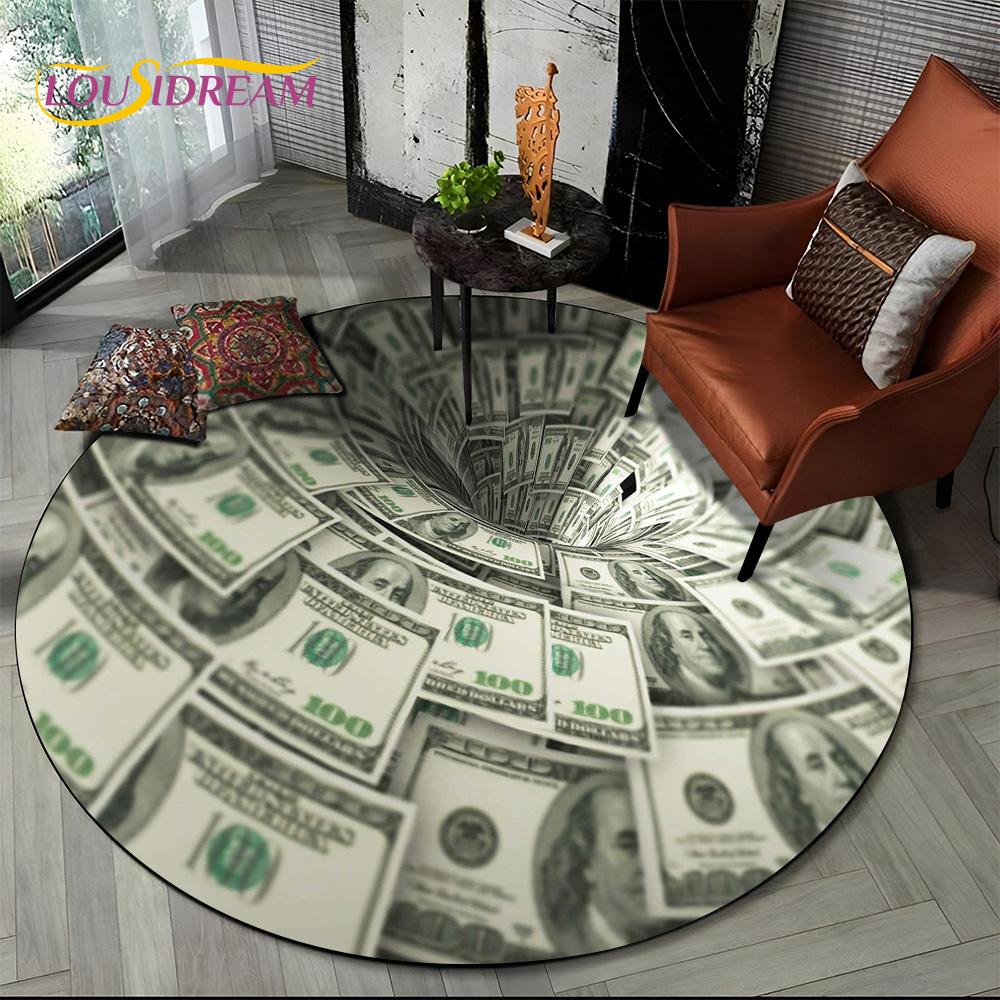 Rich Euro Dollar Money 3D Pattern Round Carpet Rug for Living Room Bedroom Child Playroom Chair Decor,Pet Area Rug Non-slip Mat
