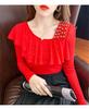 TAITENG Ballroom Dance Sparkly Practice Ruffled Long Sleeve Elegant Paso Doble for Stage and T-Shirt, Dancewear, Wear, Cut-and-Sew Top, Sheer,