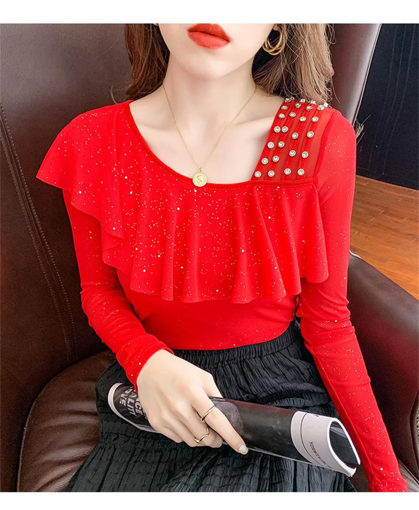 TAITENG Ballroom Dance Sparkly Practice Ruffled Long Sleeve Elegant Paso Doble for Stage and T-Shirt, Dancewear, Wear, Cut-and-Sew Top, Sheer,