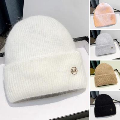 Winter Women Knitted Hat Stretchy Folded Brim Thickened Solid Color Ear