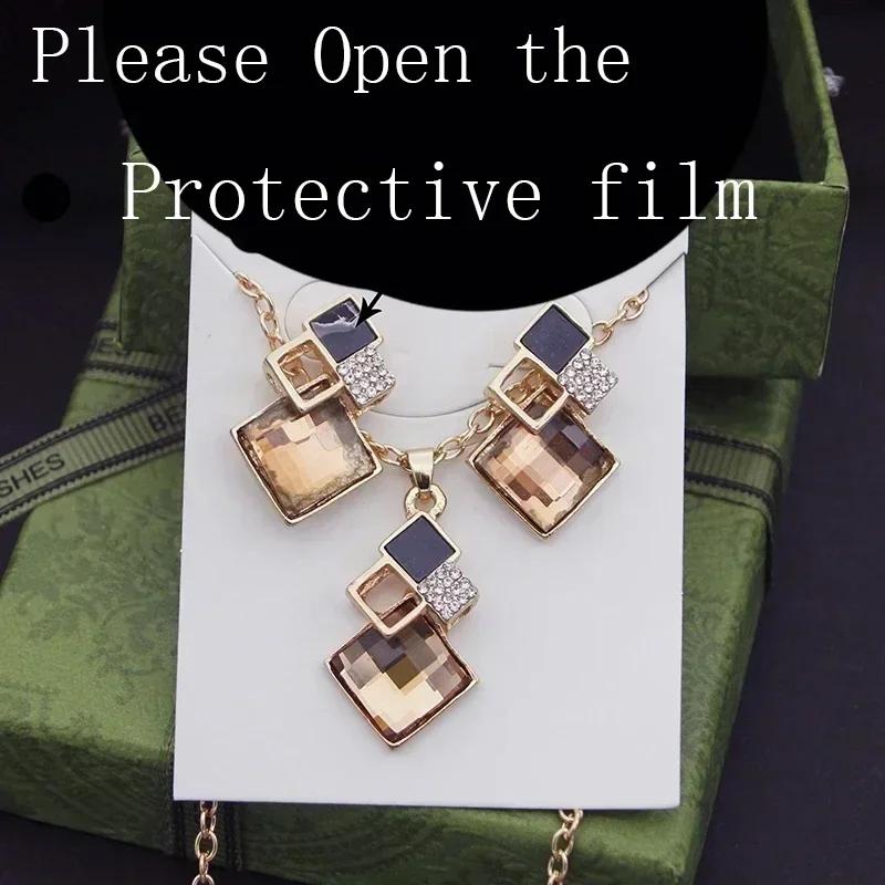 Elegant Fashion Minimalist Square Diamond Inlaid Necklace Earrings Set for Women Collarbone Chain Accessories Creative Gifts