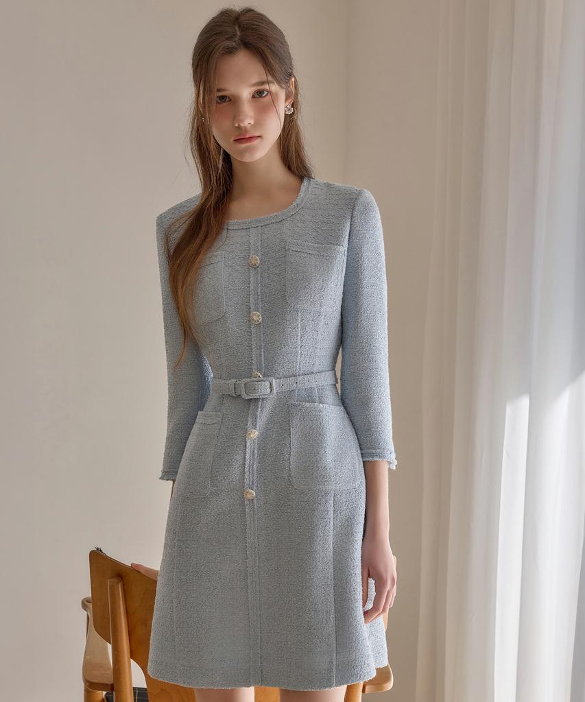 Julie And Kara 26Ss Calla136 Shebigins Bella Tweed Dress Sky Blue