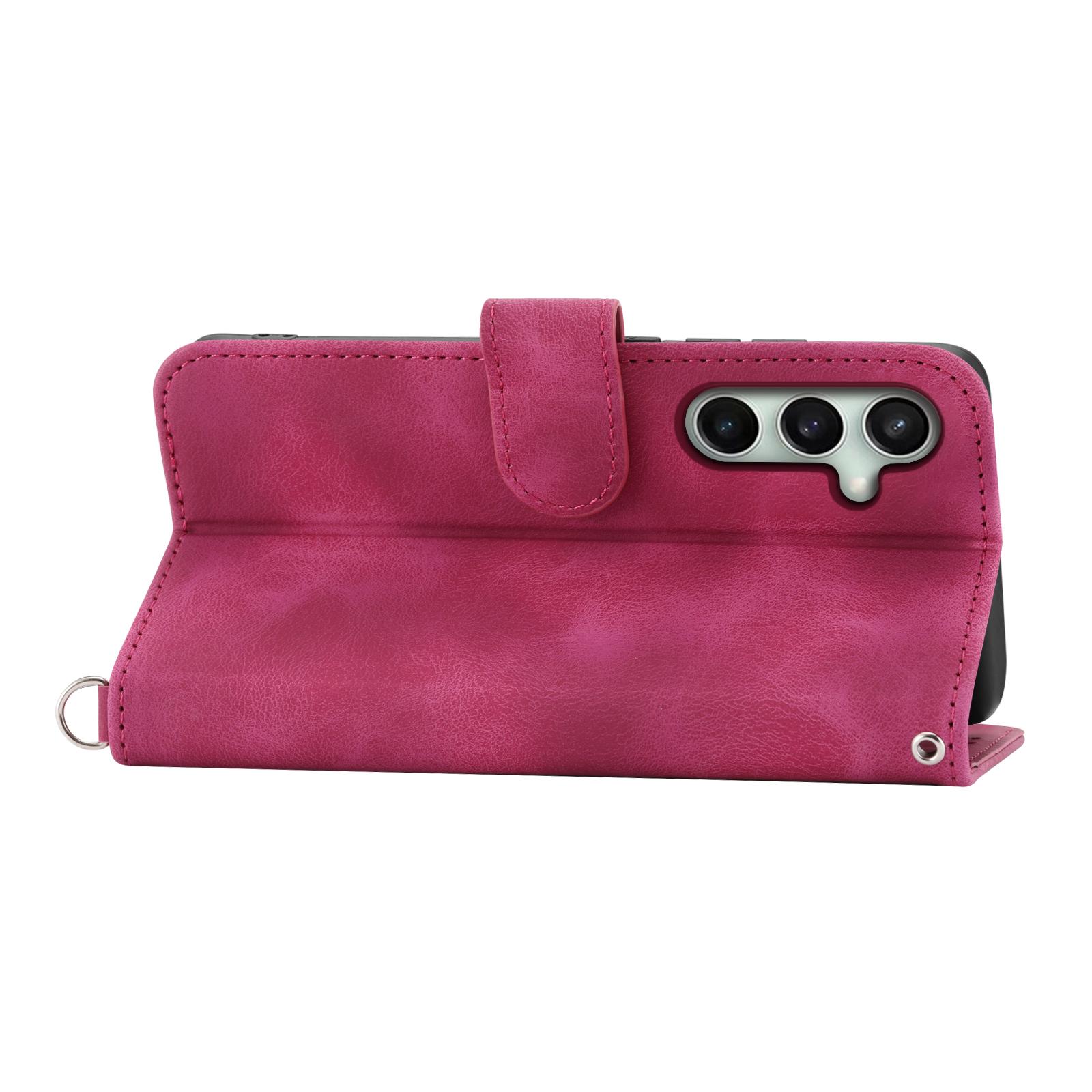

For Samsung Galaxy S24 FE Case Flower Pattern PU Leather Wallet Phone Cover with Shoulder Strap Wine Red