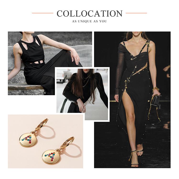 Bisaer Bright Colorful Rhinestones Alphabet A Round Shape Stud Earrings for Women Simple Jewelry