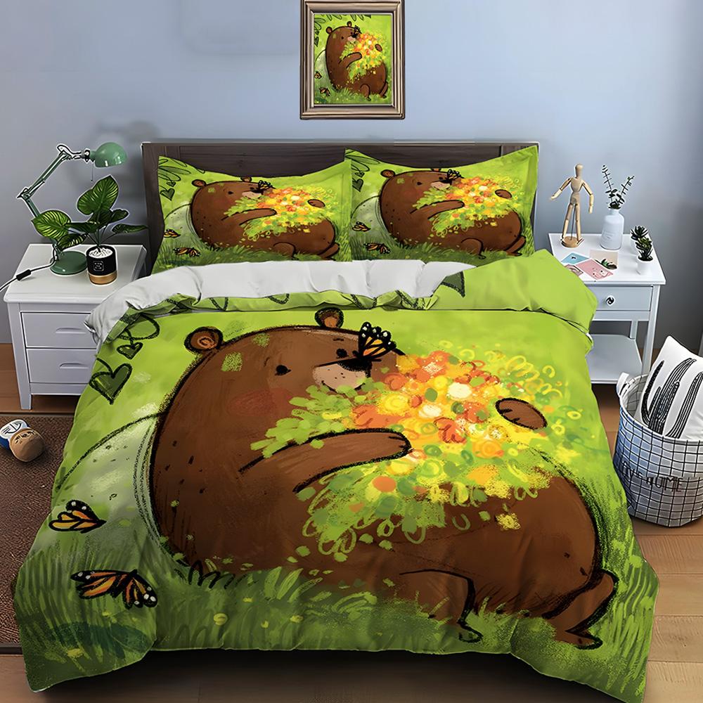 Bear Hugging Flowers With Butterflies Bedding Set For Kids Luxury Gift 3Pcs Digital Print Comforter Set Soft Comfortable EU Twin 135X200cm&set
