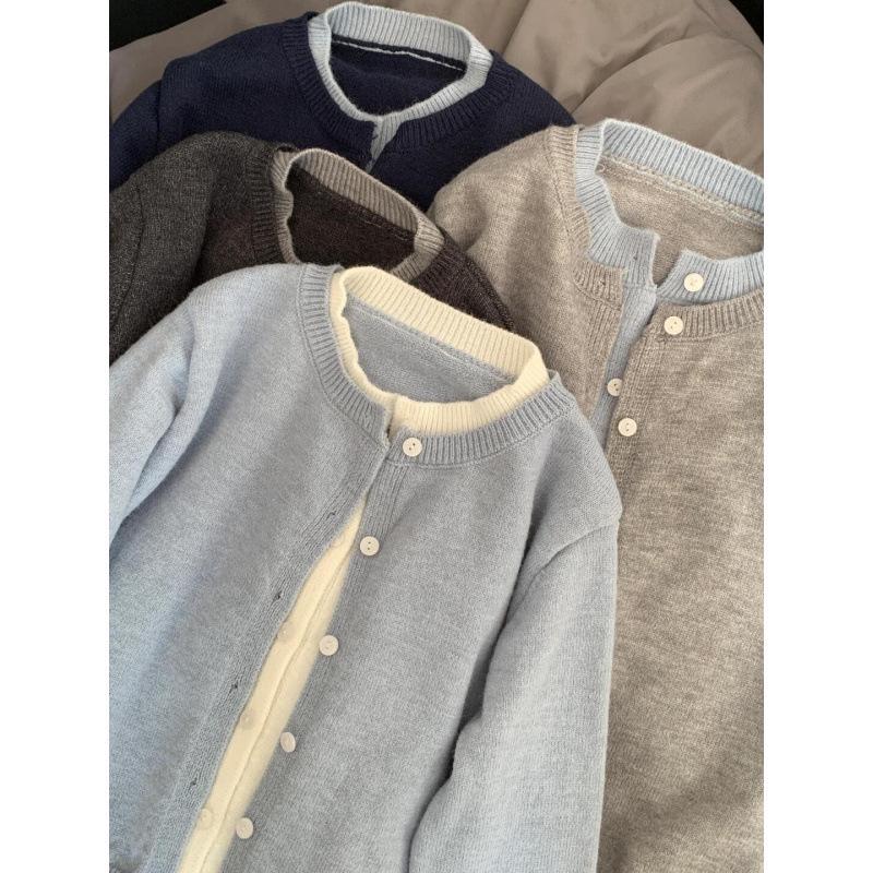 Korean Style Grey Knit Color Block Cardigan Jacket - Women's Lazy Autumn Chic Two-Piece Sweater Top