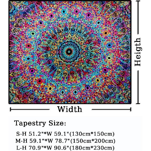 PRRPRR Blacklight Mandala Tapestry for Bedroom, UV Reactive Trippy Wall Tapestry, Bohemian Aesthetic Wall Art Decor for Adults Teens and