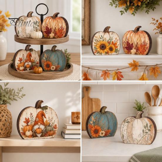 Autumn Tiered Tray Decor Thanksgiving Fall Pumpkin Table Decoration, Rustic Block Wooden Sign, Vintage Desktop Decorative Wood Signs Farmhouse