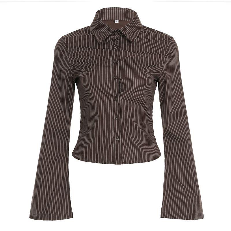 

Darilngaga Maillard Wear Brown Stripes Lapel Shirt Women s Slim Fit Waist-Controlled Slimming Bell Sleeve Tops Brown S
