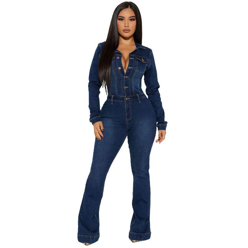 3568 Trade Europe and America Cross Border Amazon Silm Stretch Trumpet Wash Long Sleeves Denim Jumpsuit Jumpsuit
