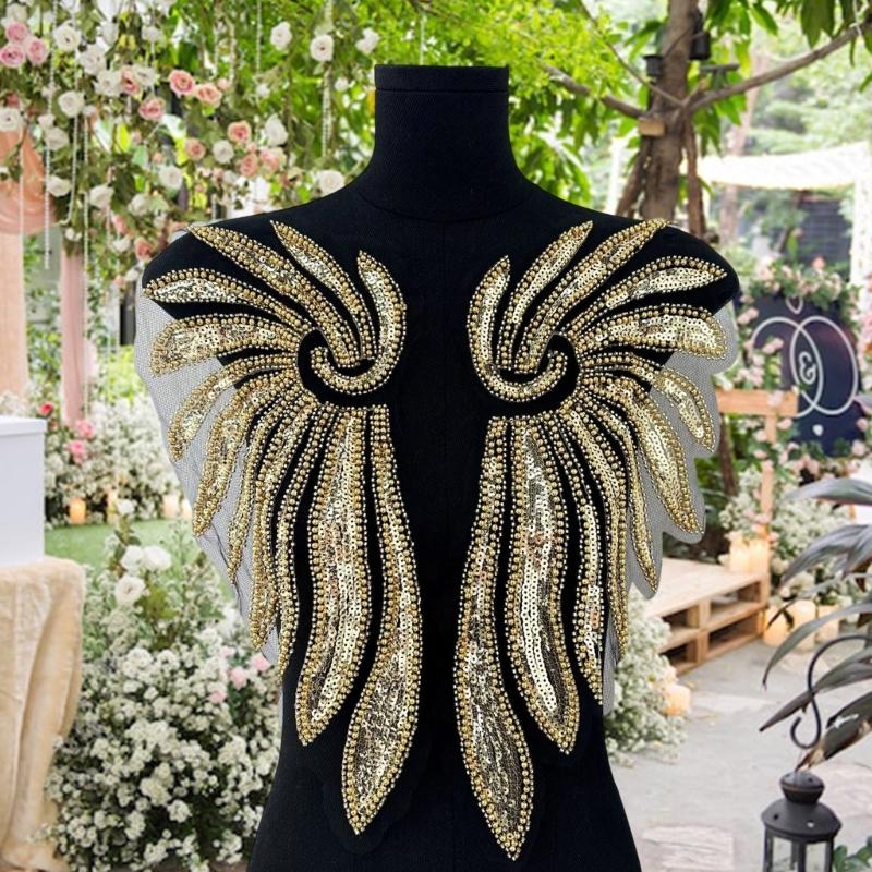 Pearlescent Applique Embroidered Wing Accessory Hand Sewn Sequins And Beads For Wedding Party Attire
