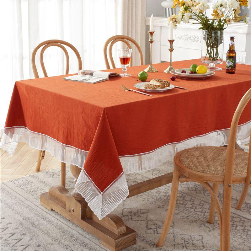Solid Color Lace Edge Table Cover,French Retro Style Cotton Tablecloth,for Kitchen Dining Room Party Holiday Tabletop Decoration