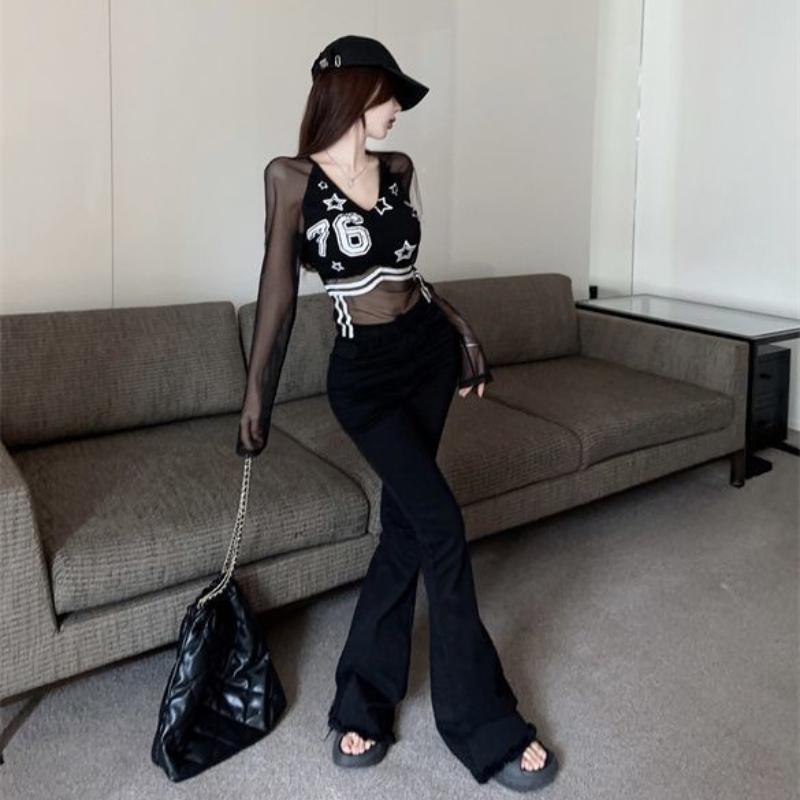 Women Mesh Transparent T-shirts Black Sexy Girls Y2K Tees Long Sleeve Deep V Fashion Lady Club Party Wear