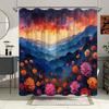 1pc Sunset Poppy Field Bath Curtain - Vibrant Orange Pink Purple Sky Over Rolling Hills with Blooming Red-Orange Flowers,