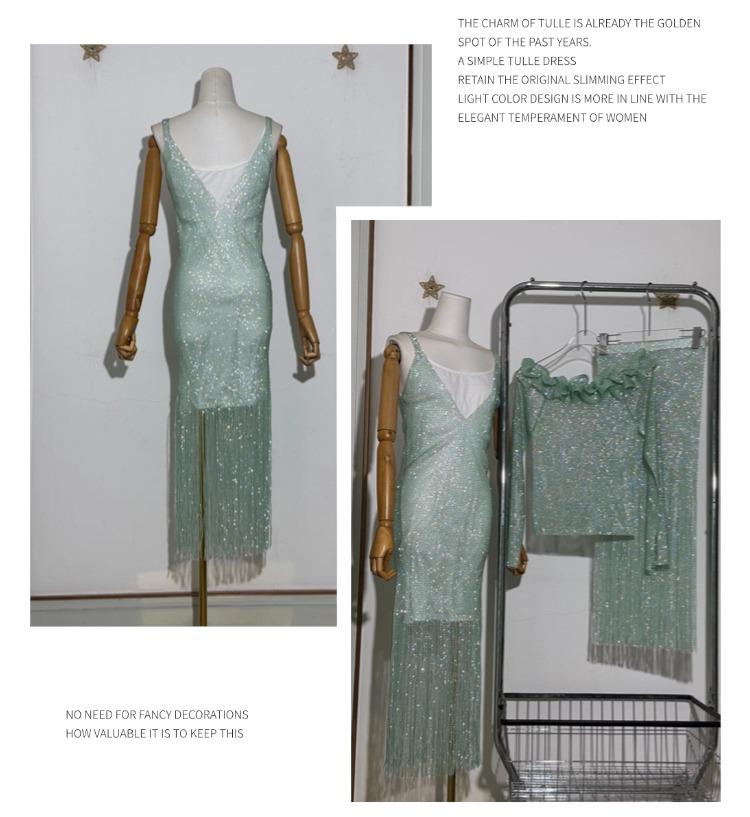 Yanni Lake Blue Rhinestone Tassel Bodycon Dress with Slimming Midi Skirt & Long Sleeve Top